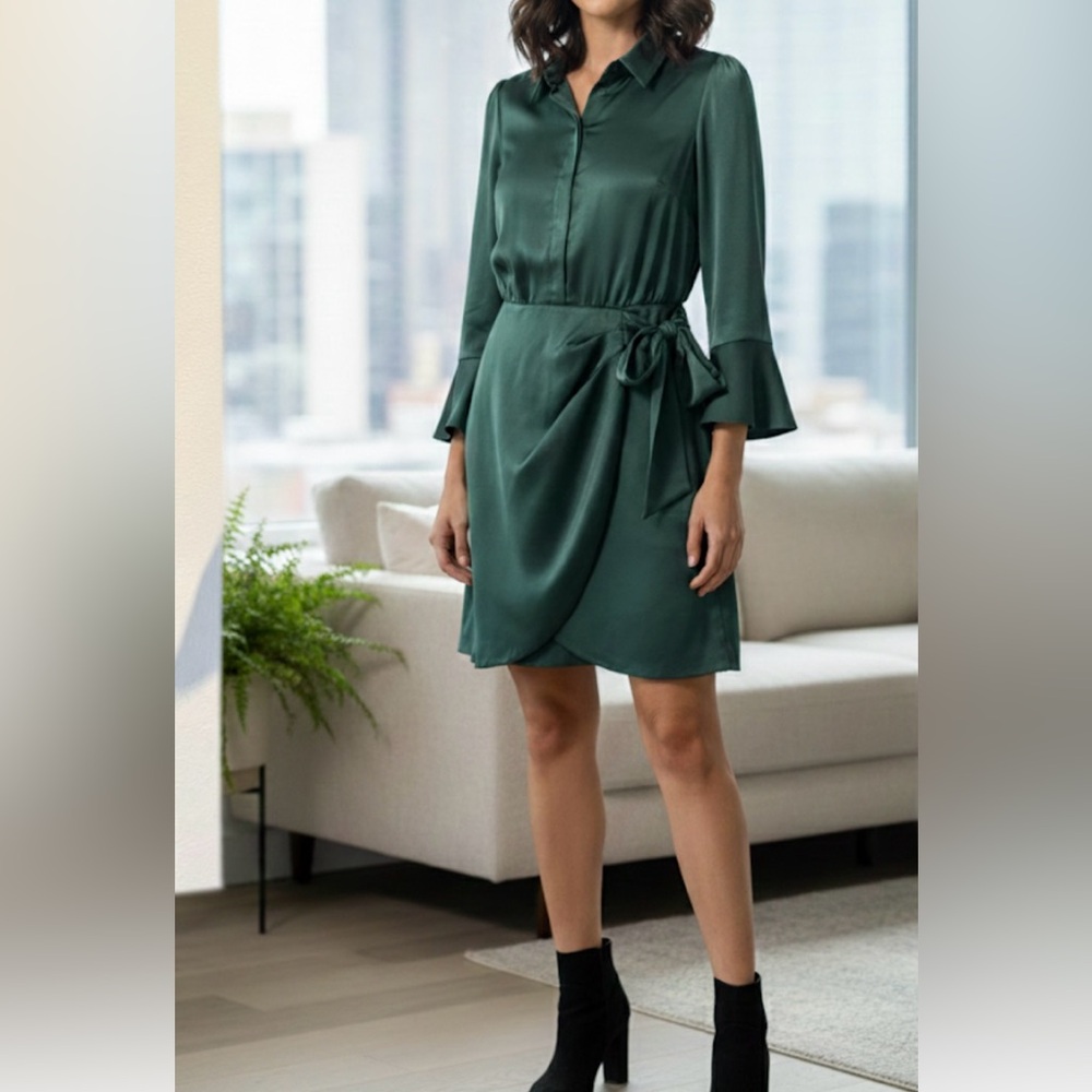 Green Satin Mock  Wrap Dress